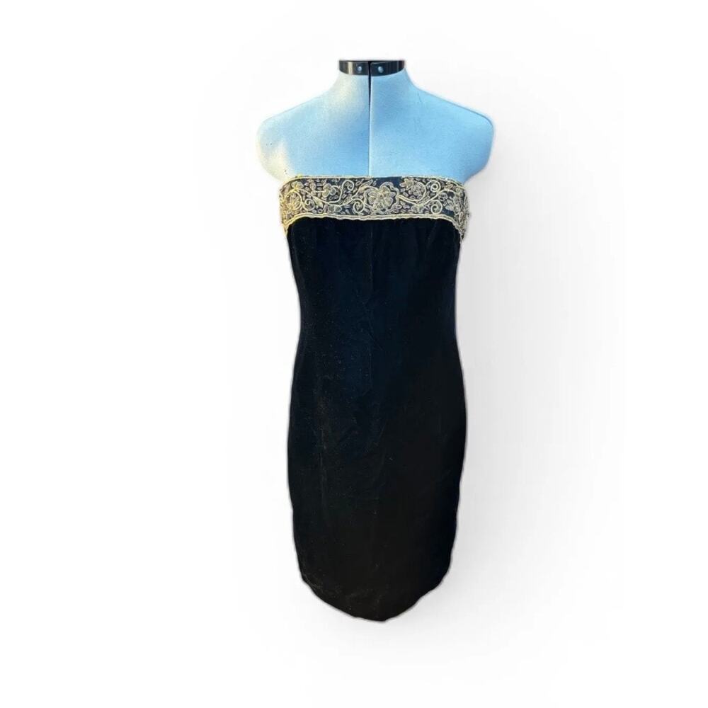 Vintage 1980s Black Velvet Strapless Dress Gold Lamé Beaded Trim Cocktail Size 8